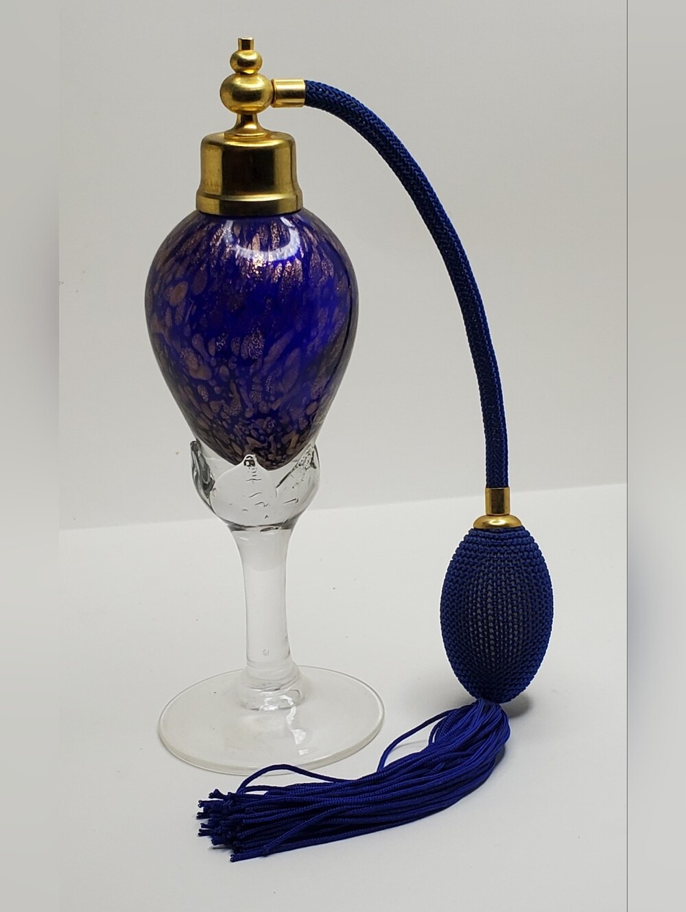 Vintage Blue Glass Perfume Atomizer,  Gold Accents, Clear Glass Flower Pedastal